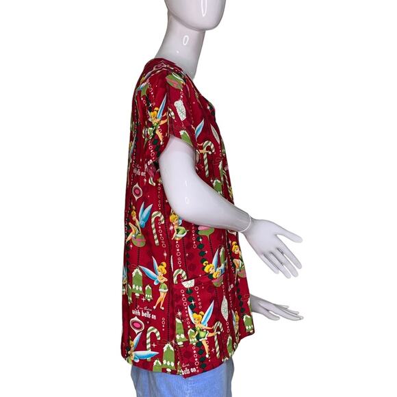 Disney NWT Tinker Bell Christmas Scrub Top Short Sleeves Red and Green … - Picture 6 of 9